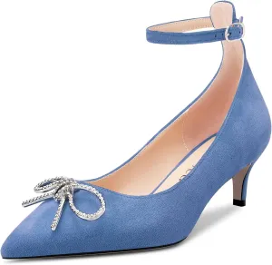 Saekcted Women Stiletto Mid Heel Pointed Toe Pumps Ankle Strap Bow-Knot Wedding Dress 2.0 Inches Heels