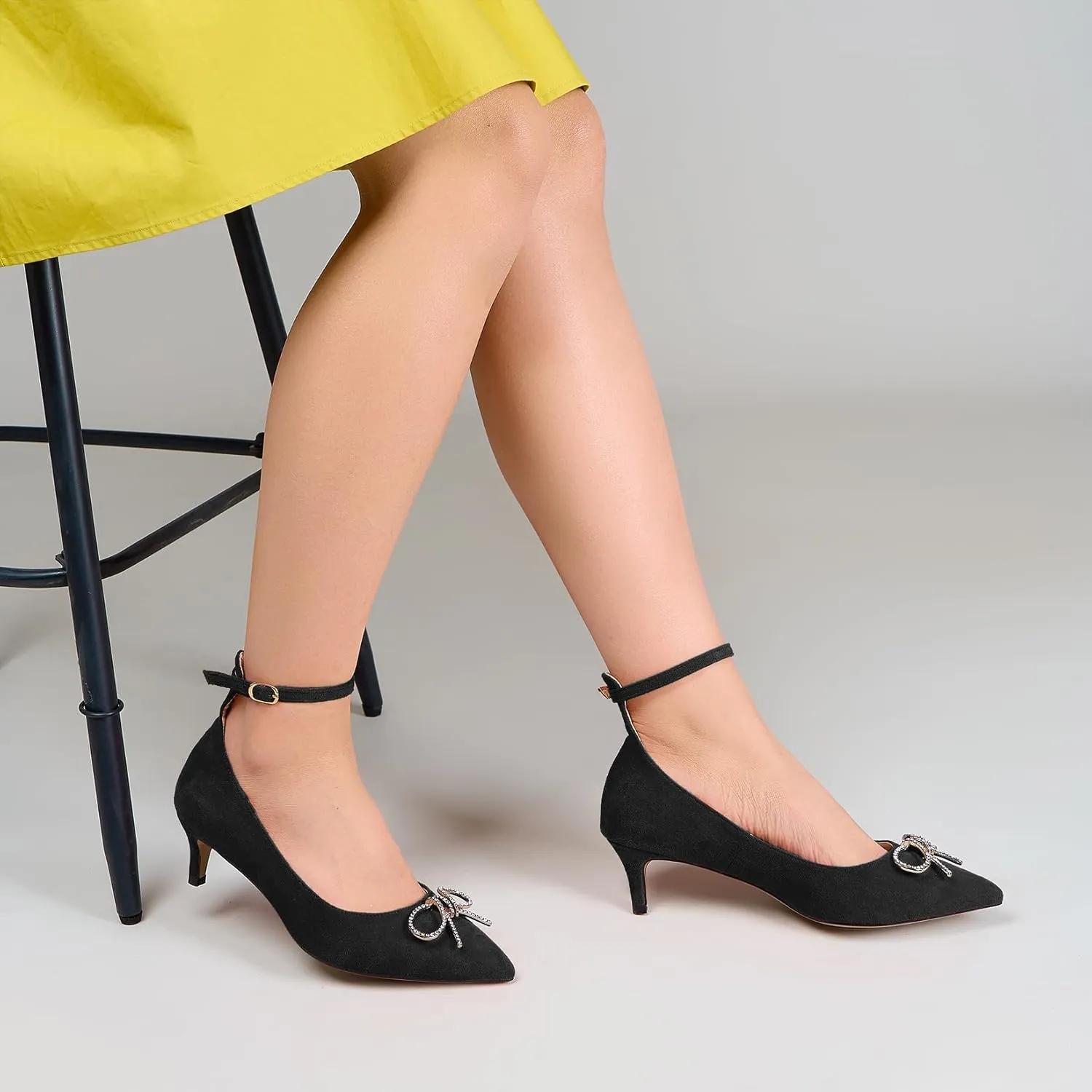 Saekcted Women Stiletto Mid Heel Pointed Toe Pumps Ankle Strap Bow-Knot Wedding Dress 2.0 Inches Heels