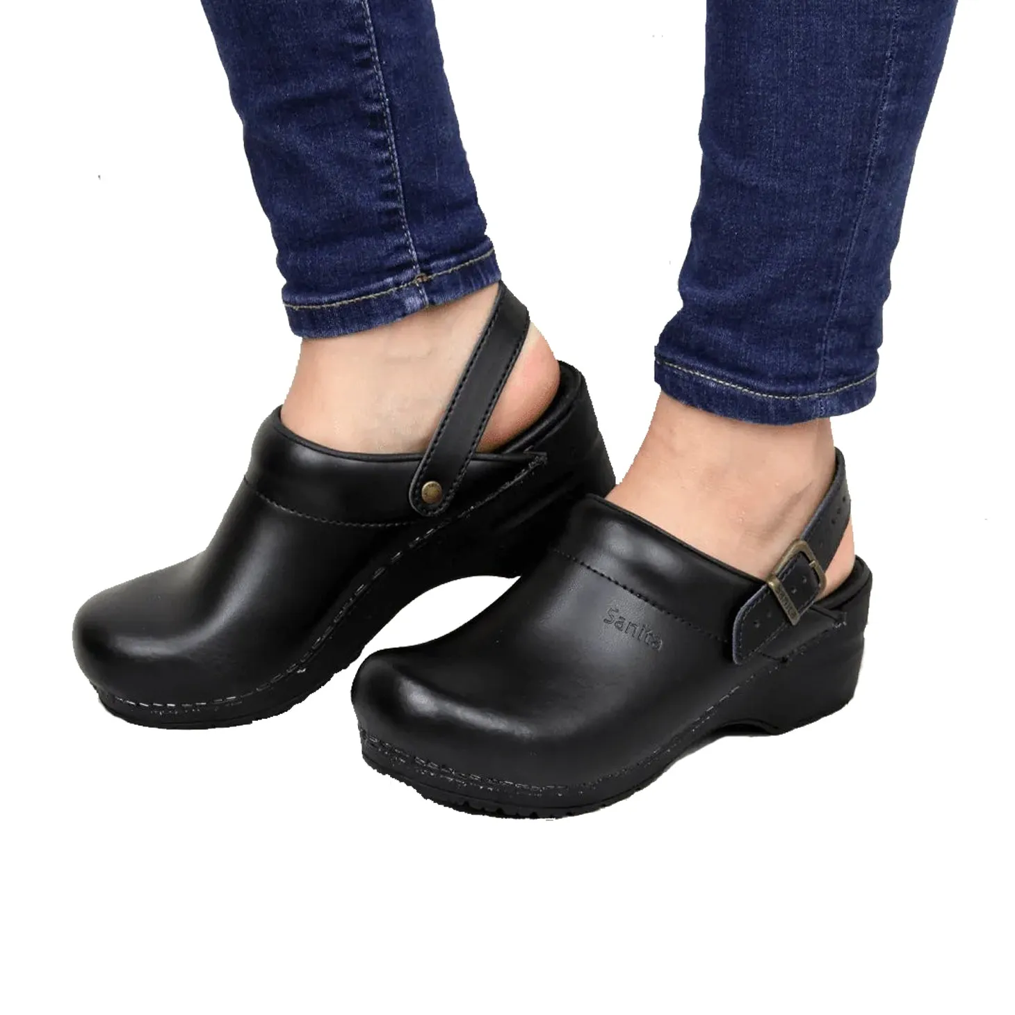 Sanita Women's Black Leather Chef Clog