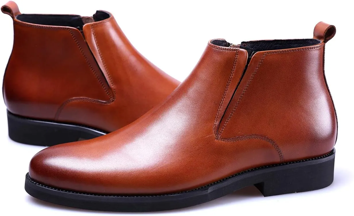 Santimon Men's Zipper Leather Formal Dress Boots Chelsea Ankle Boot Black Tan