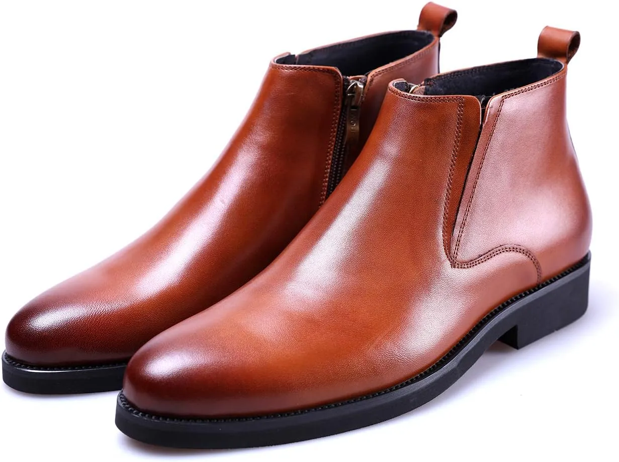 Santimon Men's Zipper Leather Formal Dress Boots Chelsea Ankle Boot Black Tan