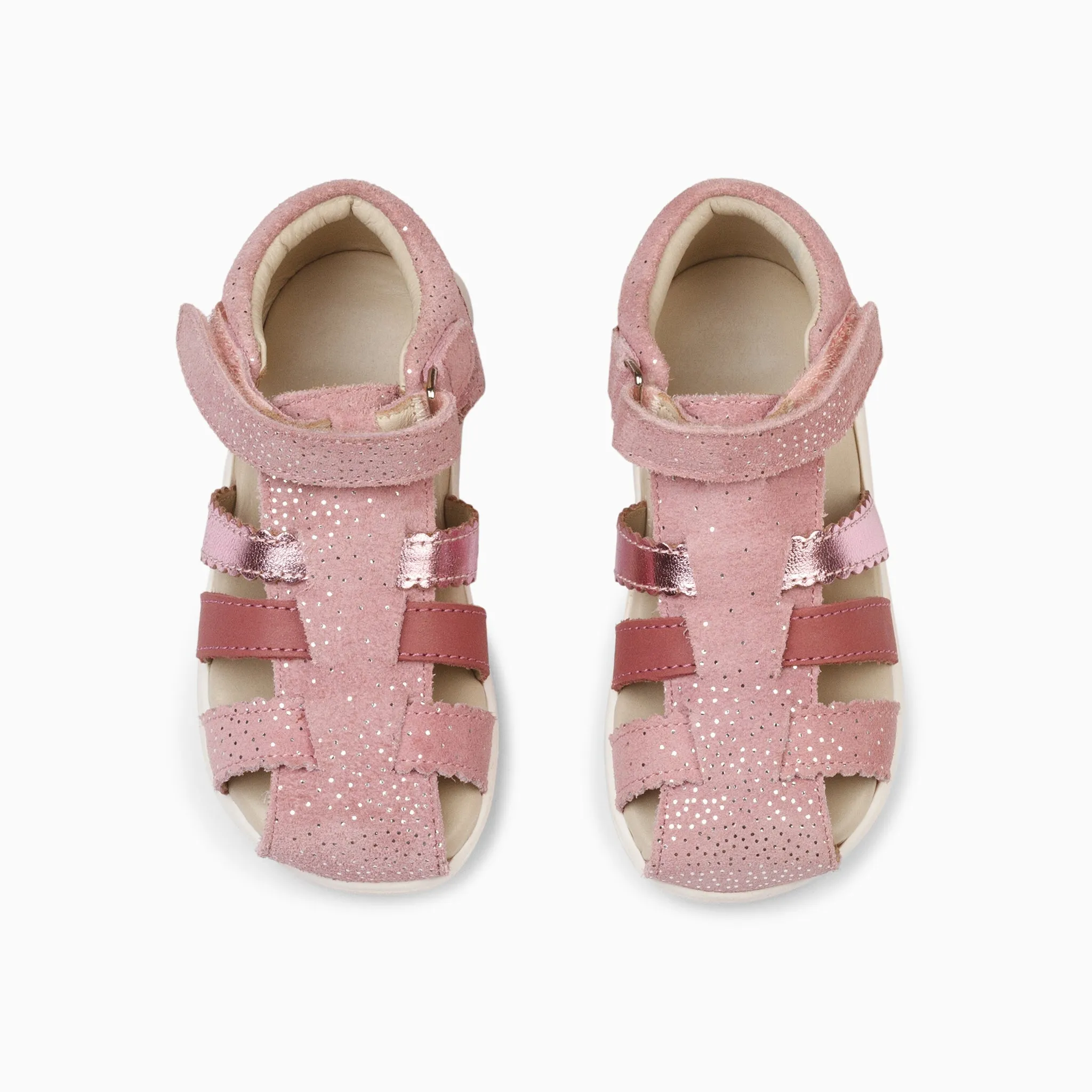 Single Strap Trio Kids Leather Sandals - Glitter Pink