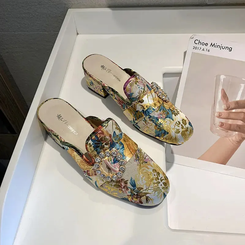 Slippers National Style Fashion All-Match Chunky Heel Rhinestone Closed-Toe Slippers