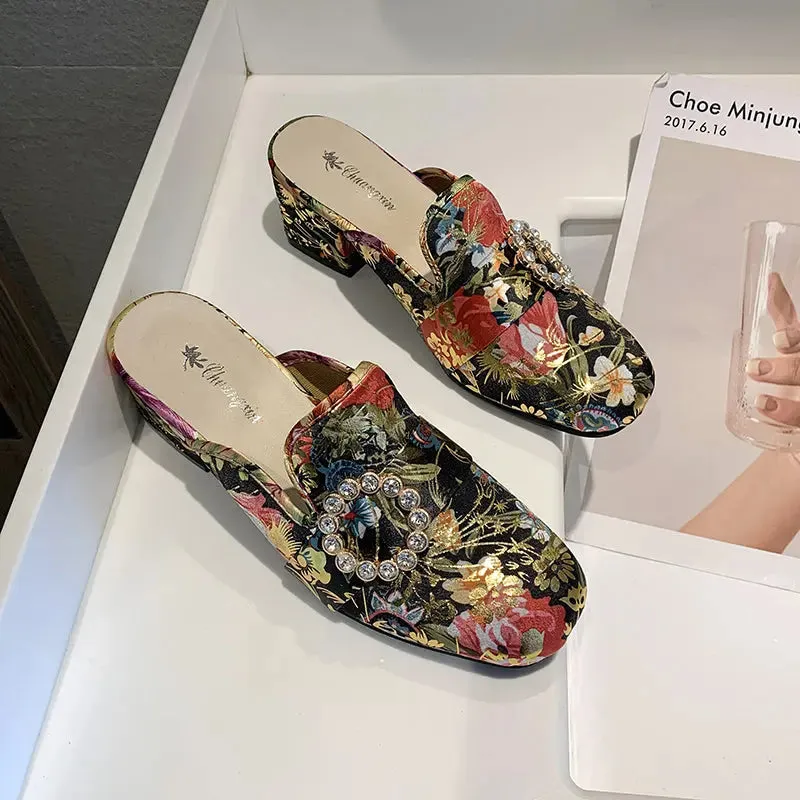 Slippers National Style Fashion All-Match Chunky Heel Rhinestone Closed-Toe Slippers