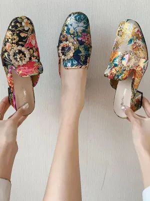Slippers National Style Fashion All-Match Chunky Heel Rhinestone Closed-Toe Slippers