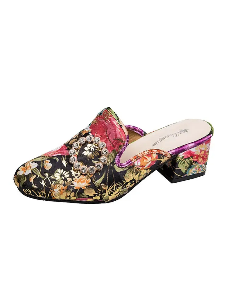 Slippers National Style Fashion All-Match Chunky Heel Rhinestone Closed-Toe Slippers