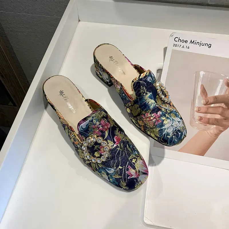 Slippers National Style Fashion All-Match Chunky Heel Rhinestone Closed-Toe Slippers