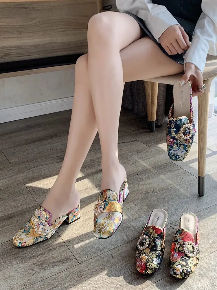 Slippers National Style Fashion All-Match Chunky Heel Rhinestone Closed-Toe Slippers