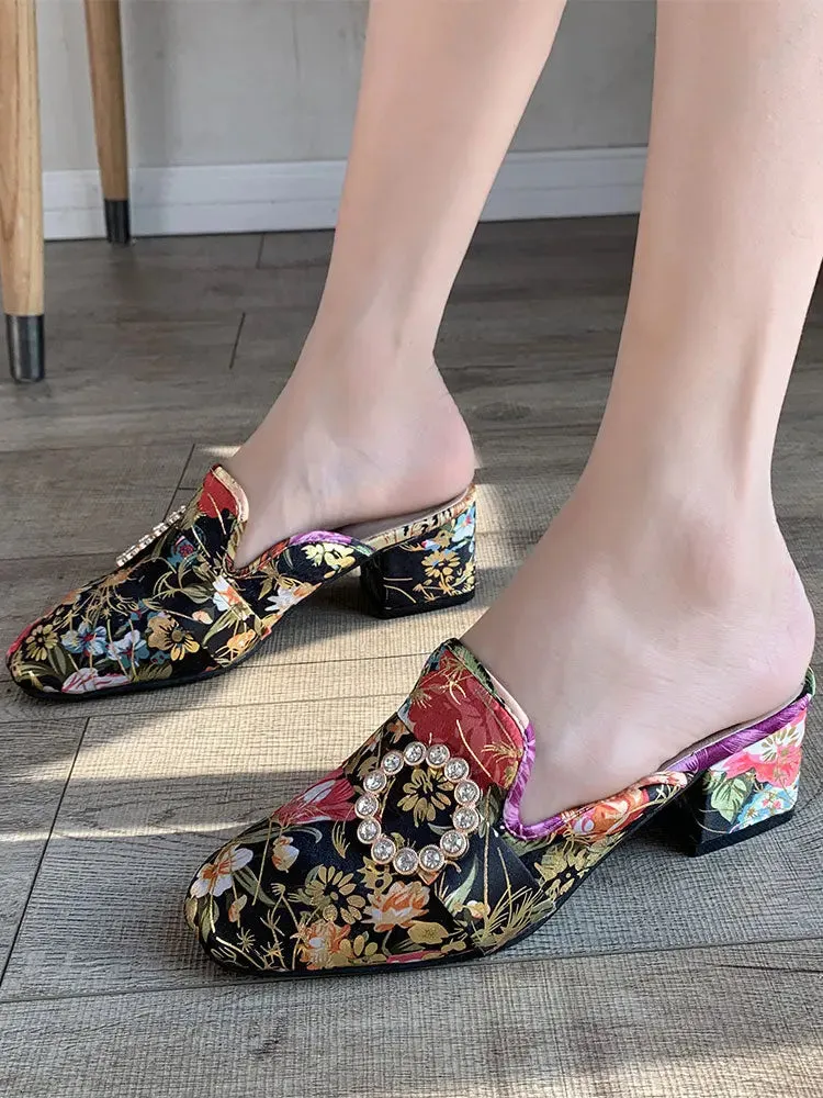 Slippers National Style Fashion All-Match Chunky Heel Rhinestone Closed-Toe Slippers