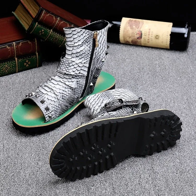 Snake Embossed Genuine Cowhide Riveted Gladiators for Men