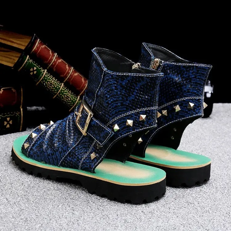 Snake Embossed Genuine Cowhide Riveted Gladiators for Men