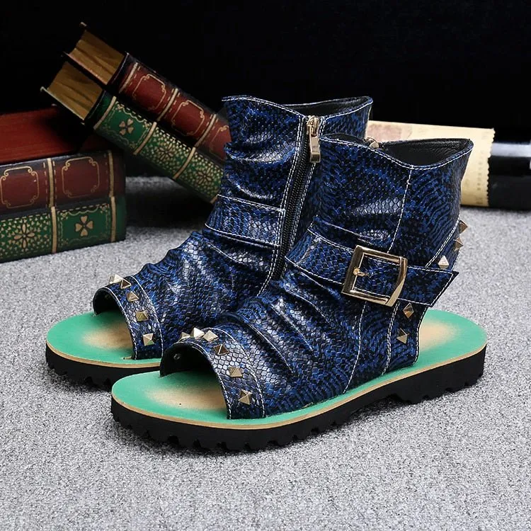 Snake Embossed Genuine Cowhide Riveted Gladiators for Men