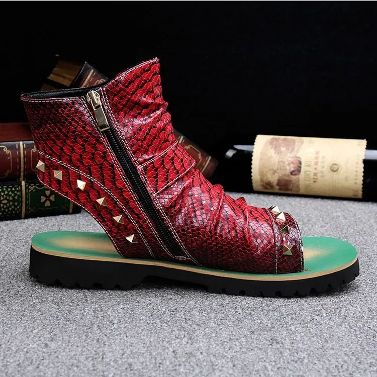 Snake Embossed Genuine Cowhide Riveted Gladiators for Men