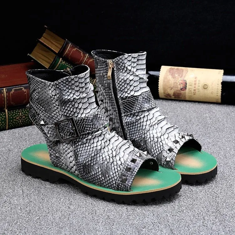Snake Embossed Genuine Cowhide Riveted Gladiators for Men