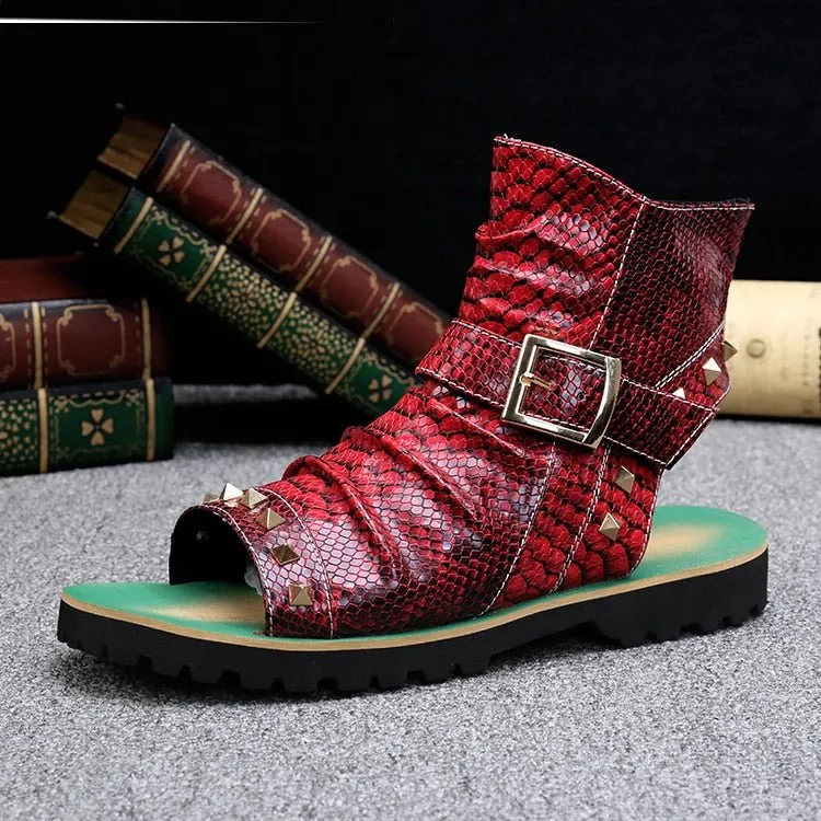 Snake Embossed Genuine Cowhide Riveted Gladiators for Men