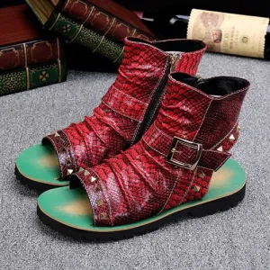 Snake Embossed Genuine Cowhide Riveted Gladiators for Men
