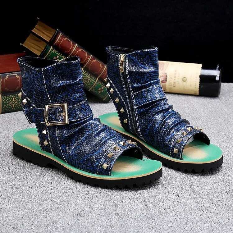 Snake Embossed Genuine Cowhide Riveted Gladiators for Men