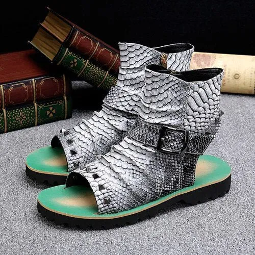 Snake Embossed Genuine Cowhide Riveted Gladiators for Men