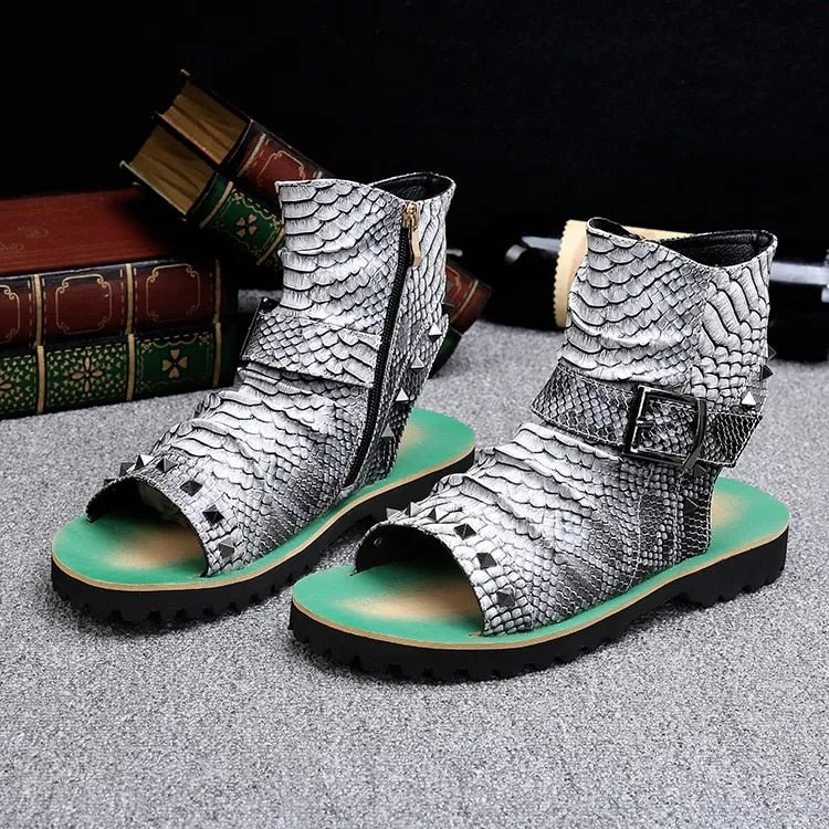 Snake Embossed Genuine Cowhide Riveted Gladiators for Men