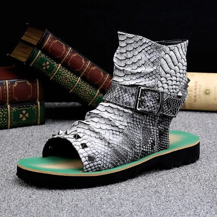 Snake Embossed Genuine Cowhide Riveted Gladiators for Men