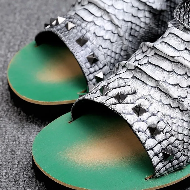 Snake Embossed Genuine Cowhide Riveted Gladiators for Men