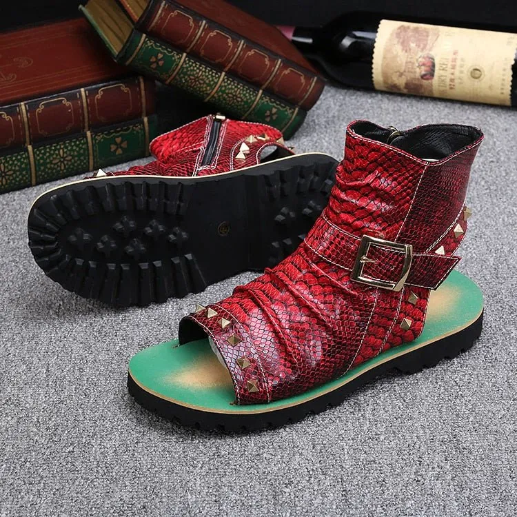 Snake Embossed Genuine Cowhide Riveted Gladiators for Men