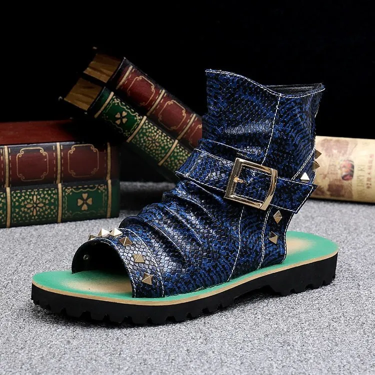 Snake Embossed Genuine Cowhide Riveted Gladiators for Men