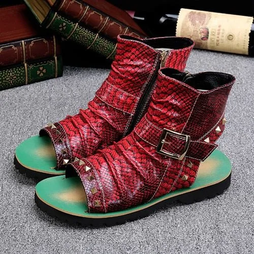 Snake Embossed Genuine Cowhide Riveted Gladiators for Men