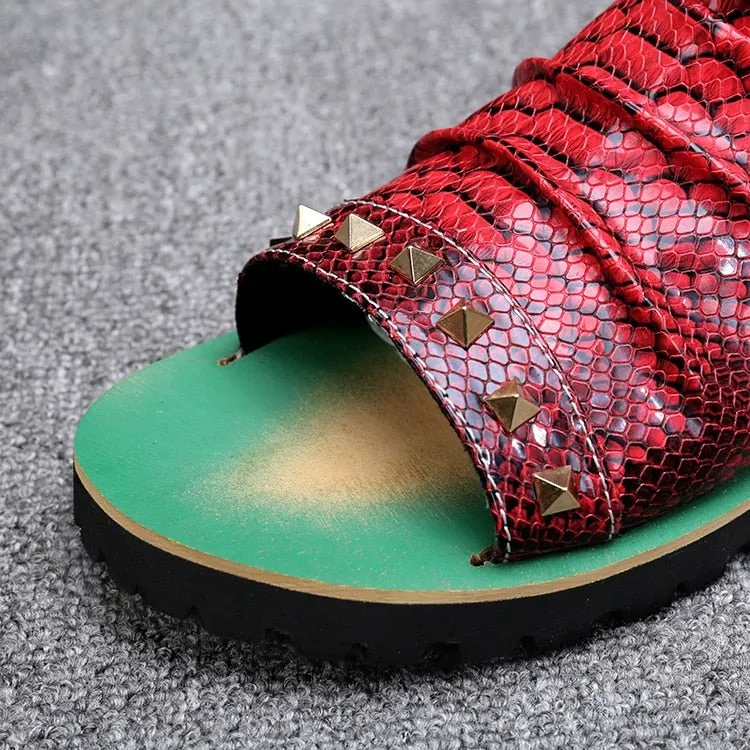 Snake Embossed Genuine Cowhide Riveted Gladiators for Men