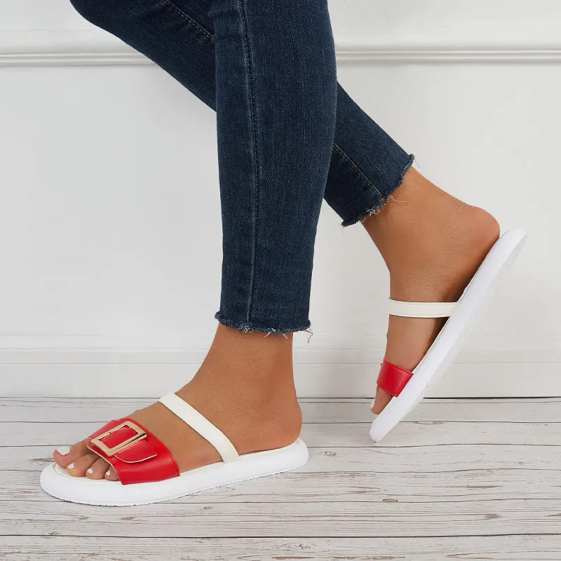 Sohiwoo Women Buckle Bands Slide Sandals Open Toe Flat Beach Slippers