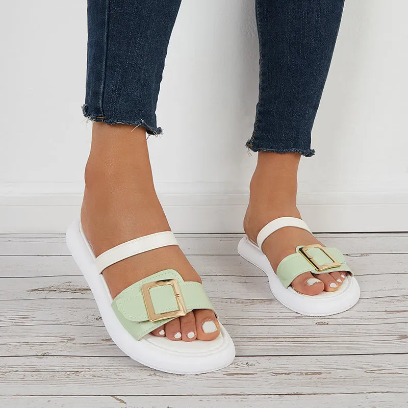 Sohiwoo Women Buckle Bands Slide Sandals Open Toe Flat Beach Slippers