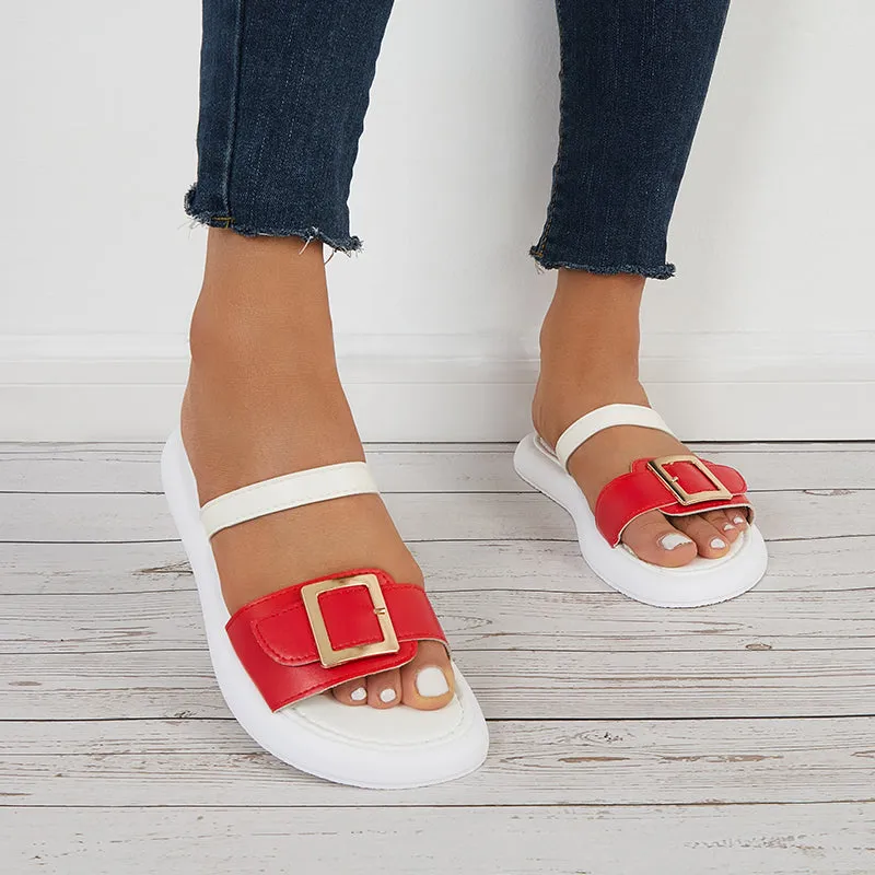 Sohiwoo Women Buckle Bands Slide Sandals Open Toe Flat Beach Slippers