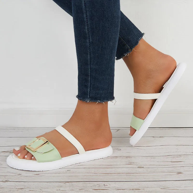 Sohiwoo Women Buckle Bands Slide Sandals Open Toe Flat Beach Slippers
