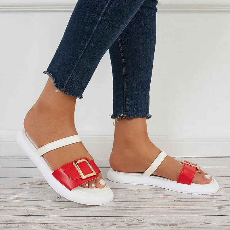 Sohiwoo Women Buckle Bands Slide Sandals Open Toe Flat Beach Slippers