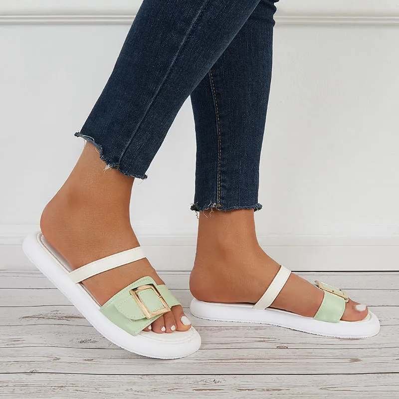 Sohiwoo Women Buckle Bands Slide Sandals Open Toe Flat Beach Slippers