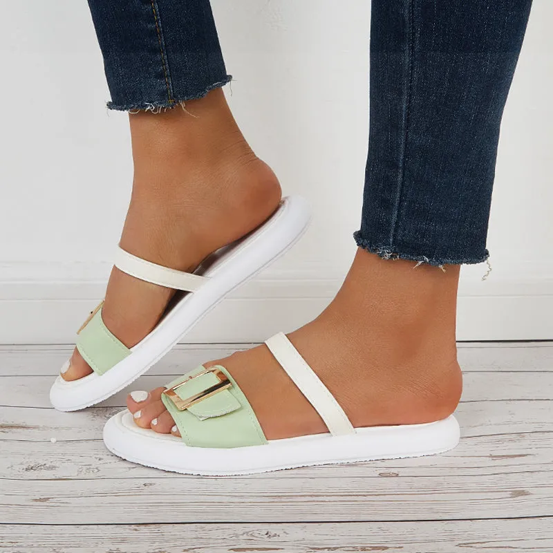 Sohiwoo Women Buckle Bands Slide Sandals Open Toe Flat Beach Slippers