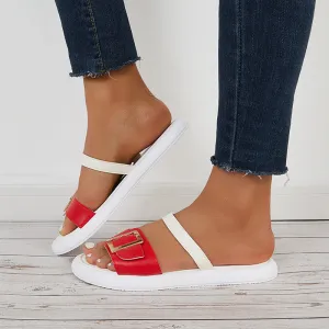 Sohiwoo Women Buckle Bands Slide Sandals Open Toe Flat Beach Slippers