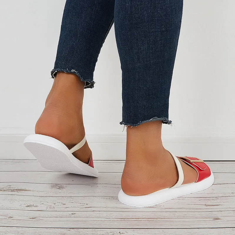 Sohiwoo Women Buckle Bands Slide Sandals Open Toe Flat Beach Slippers