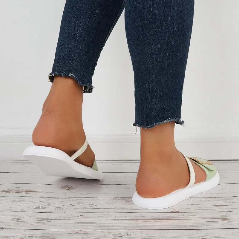 Sohiwoo Women Buckle Bands Slide Sandals Open Toe Flat Beach Slippers