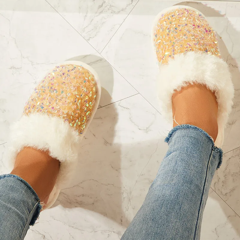 Sohiwoo Women Shiny Warm Faux Fur Mule Slipper Furry Soft Slip on Shoes