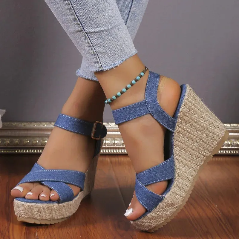 Sohiwoo Women's Sandals 2024 Summer New Women's Shoes Fashion Denim Rope Wedge Sandals Women