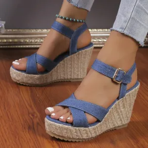 Sohiwoo Women's Sandals 2024 Summer New Women's Shoes Fashion Denim Rope Wedge Sandals Women
