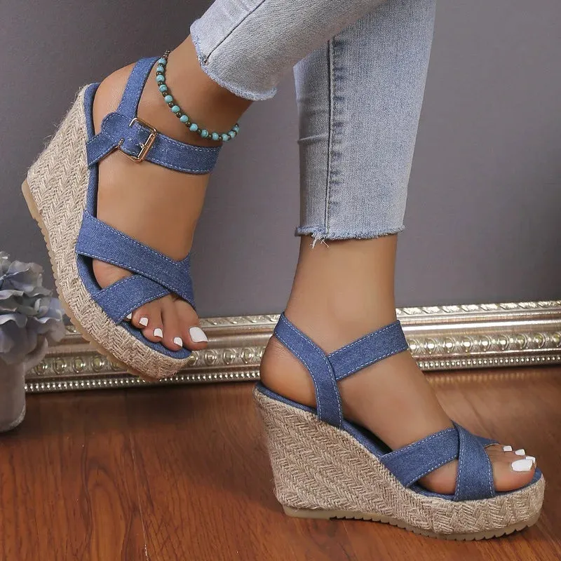 Sohiwoo Women's Sandals 2024 Summer New Women's Shoes Fashion Denim Rope Wedge Sandals Women