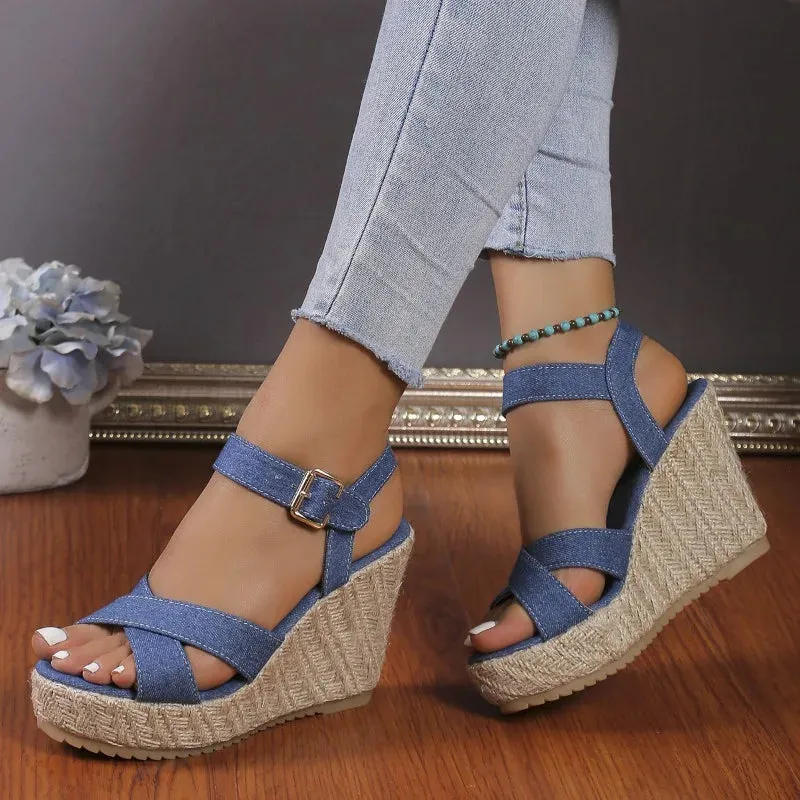 Sohiwoo Women's Sandals 2024 Summer New Women's Shoes Fashion Denim Rope Wedge Sandals Women