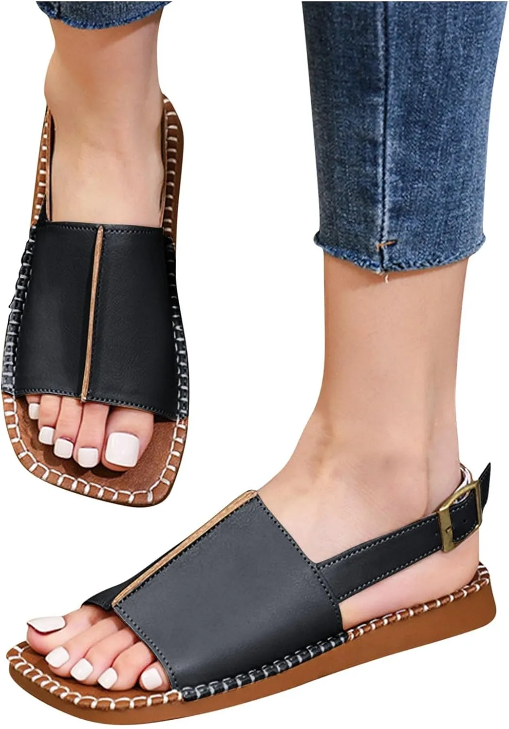 Square Toe Flats for Women Flat Sandals Stylish Walking Shoes Beach Summer Dressy Casual Slingback Open Toe 2025 New