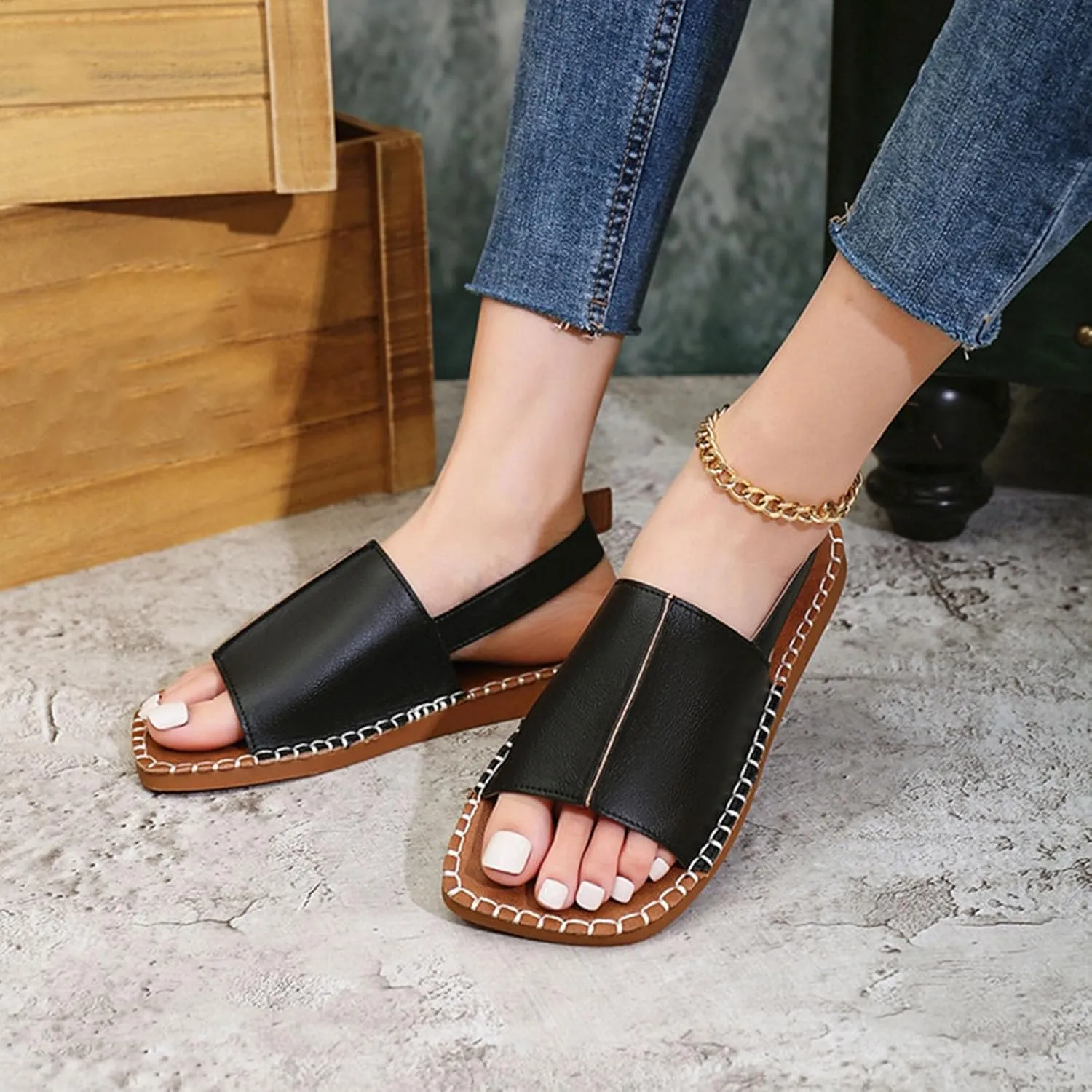 Square Toe Flats for Women Flat Sandals Stylish Walking Shoes Beach Summer Dressy Casual Slingback Open Toe 2025 New