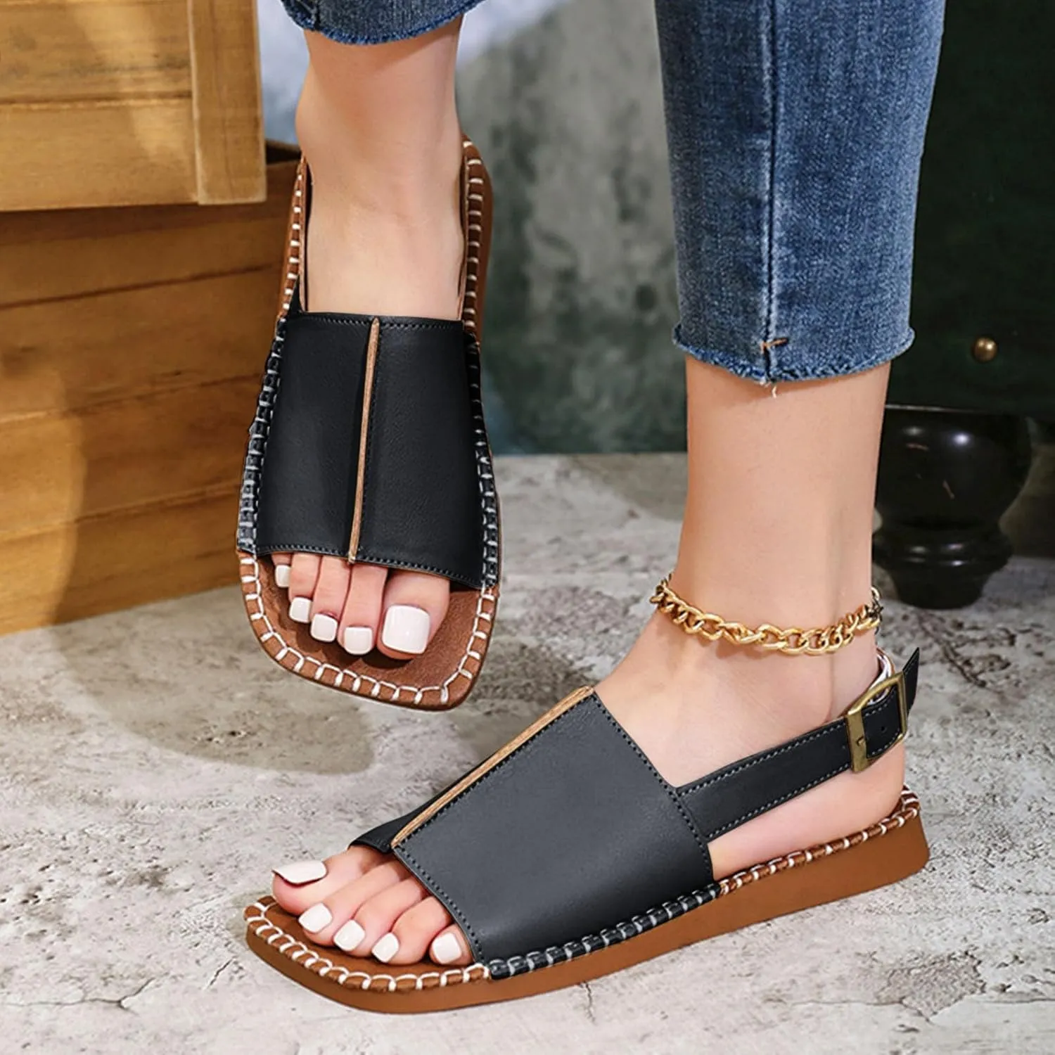 Square Toe Flats for Women Flat Sandals Stylish Walking Shoes Beach Summer Dressy Casual Slingback Open Toe 2025 New