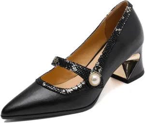 TinaCus Genuine Leather Women's Pointed Toe Handmade Chunky Heels Elegant Dress Pumps Shoes
