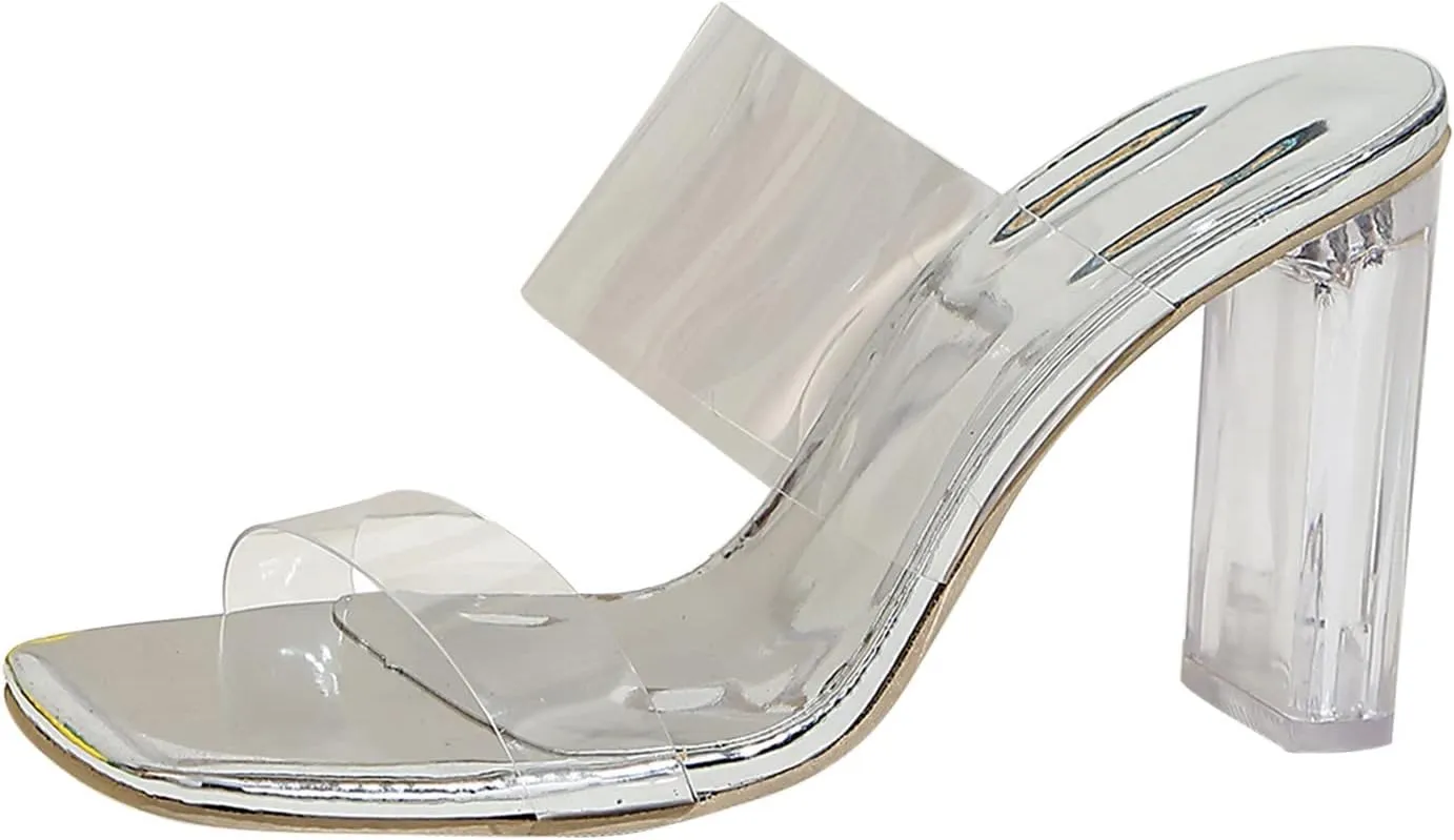 Transparent Belt Square Open Toe Thick High Heel S Women's Shoes Elegant Black Flat