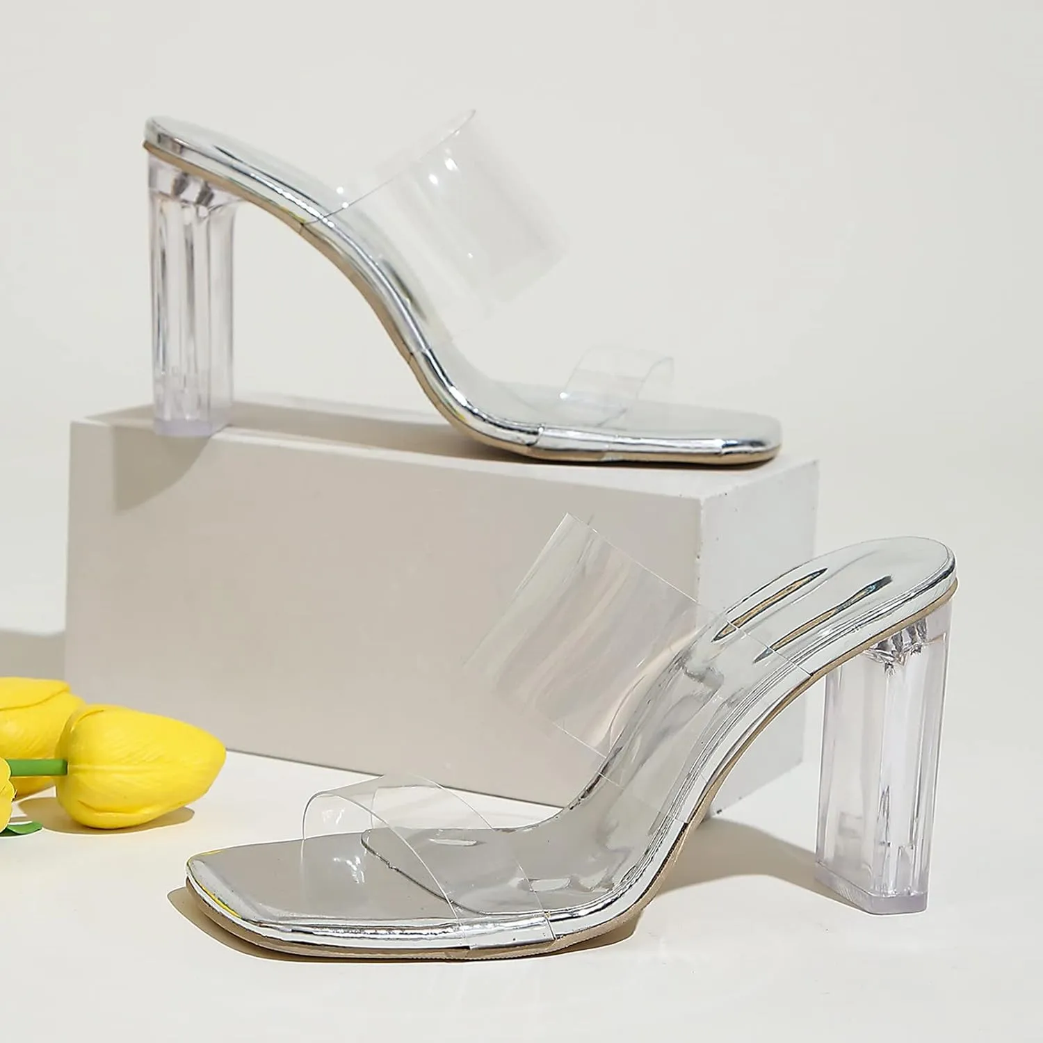 Transparent Belt Square Open Toe Thick High Heel S Women's Shoes Elegant Black Flat